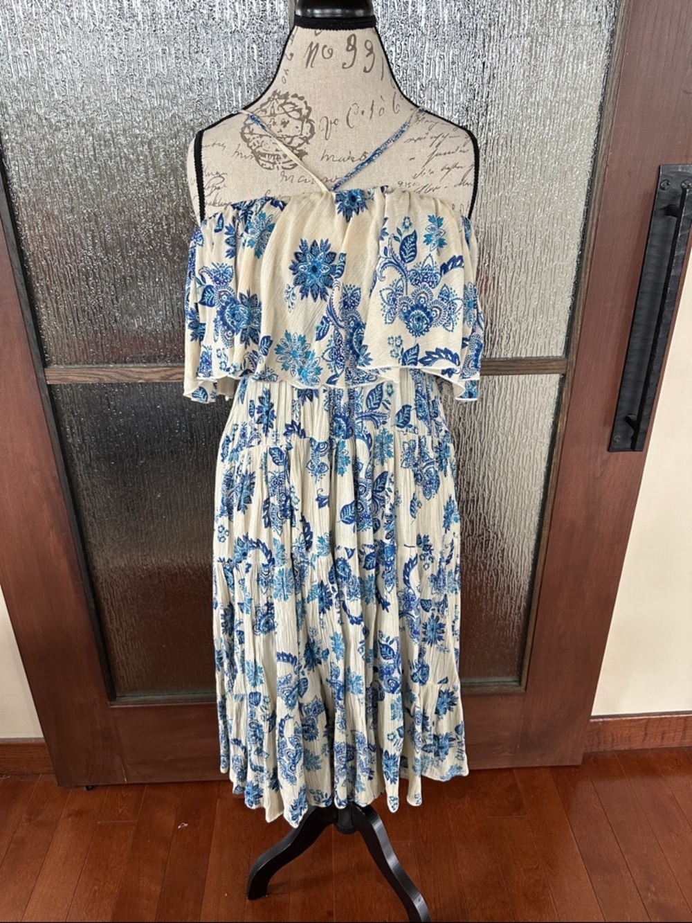 Anthropologie Benmo blue Floral Ruffle Midi Dress Lightweight Summer Dress Sz S
